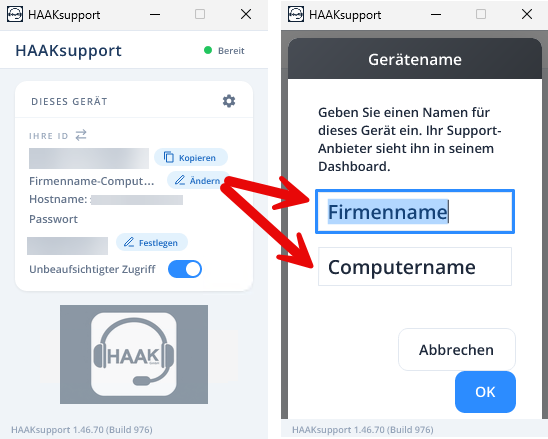 Im HAAKsupport-Fenster Firmenname und Computername eintragen und mit OK bestätigen.
